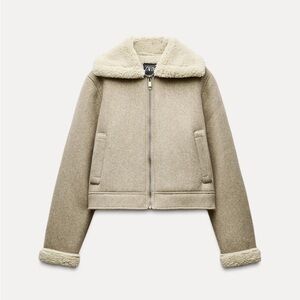 ZARA DOUBLE FACED SOFT JACKET 3046/290 XS TAUPE BROWN COAT FAUX SHERPA SHEARLING